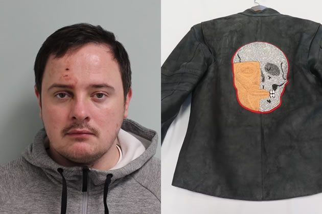 Liam Middleton-Gomm and one of the branded items he stole.