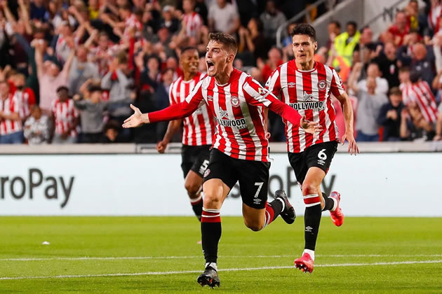 Sergi Canos celebrates the first goal of the Premier League season