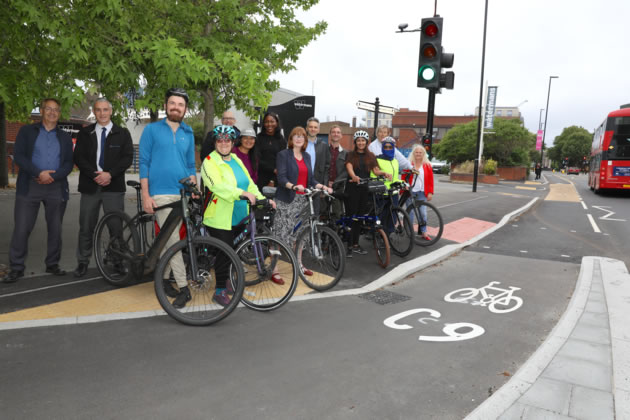 Cllr Katherine Dunne, at the new section of Cycleway 9 with ward members Cllr Maria Sharma, Cllr Guy Lambert, Cllr Rhys Williams, Project Manager Virtue Igbokwuwe, Hounslow Highways Divisional Director Tim Hurley and other invited guests.