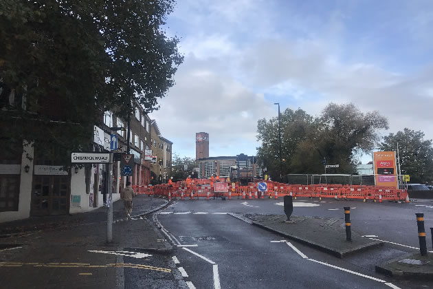 The closure at the roundabout near the entry to Sainsbury's