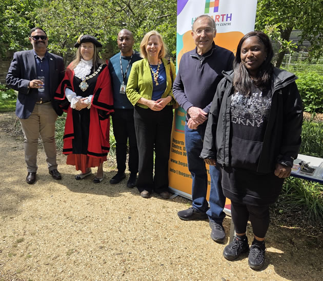 Andy Slaugther at outgoing Mayor of Hounslow, Amy Croft's garden party, Ruth Cadbury MP and representatives of the Hogarth Youth and Community Centre