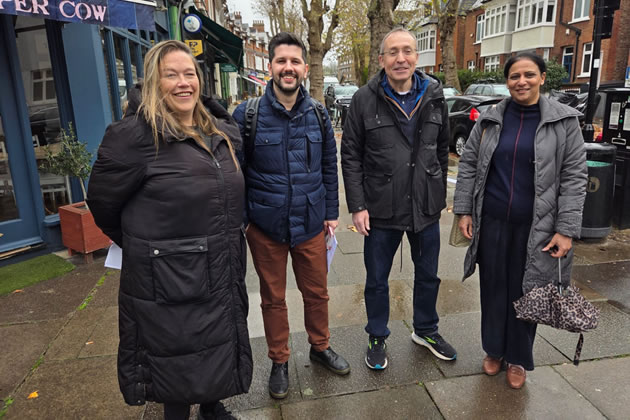 Andy Slaughter with Labour's Chiswick Riverside candidates Amy Croft, Trevor MacFarlane and Gurminder Randhawa