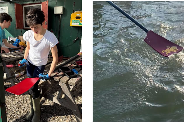 The young rowers painting the blades with the Brentford lion,