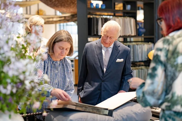 His Majesty with Sanderson Design Group&rsquo;s Archive Lead - Sanderson Design Group - Picture: Claire Menary