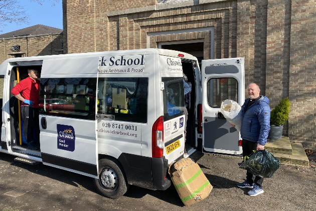 The Chiswick School minibus being loaded up in the UK 