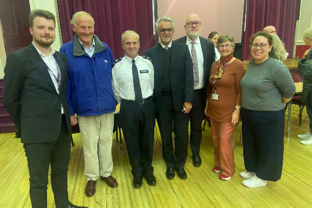 Cllr Jack Emsley, John Todd, Chief Superintendent Sean Wilson, Cllrs Ranjit Gill, Peter Thompson, Jo Biddolph and Gabriella Giles (left to right) 