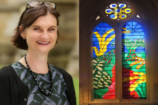 Left: Janet Gough. Right: Stained-glass window in Westminster Abbey by David Hockney