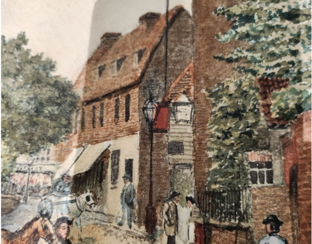 A detail from a painting circa 1865 of Church Street terminating with The Old Post Office