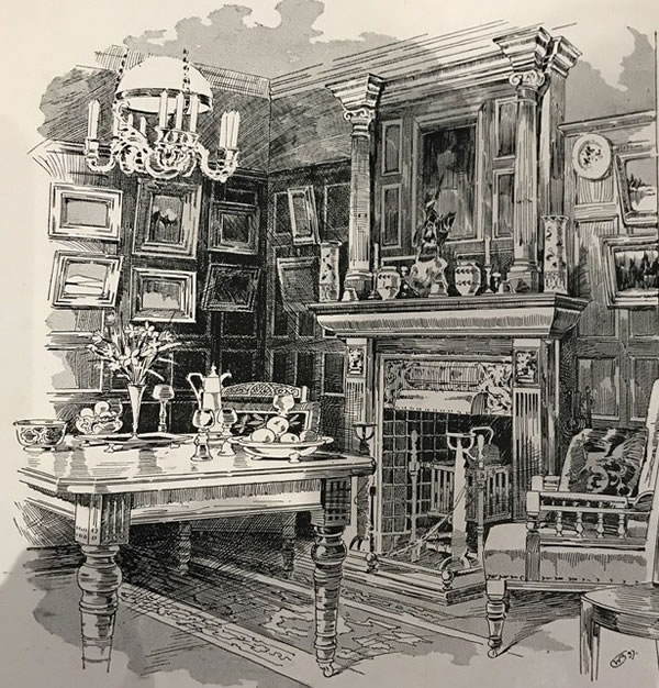 Dining room of Artist and designer George Hait&eacute; at Ormsby Lodge, c1900