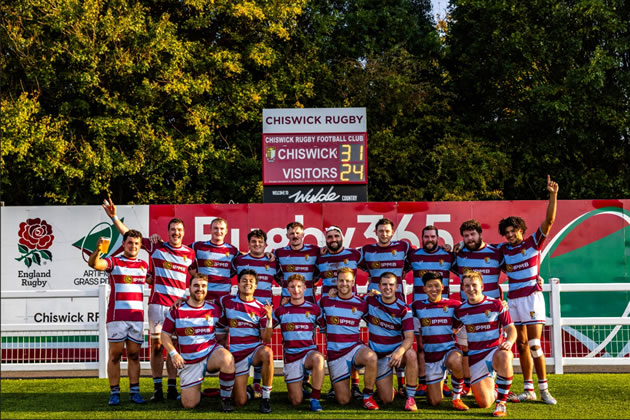Chiswick's First XV celebrate after defeating Finchley