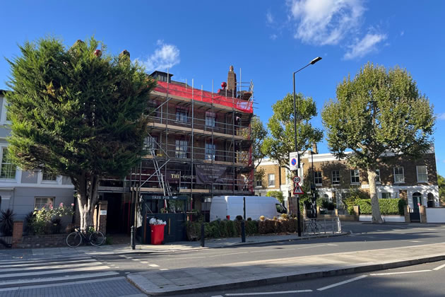 Scaffolding currently covers The Queen pub on Goldhawk Road
