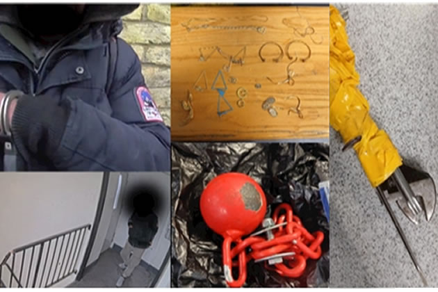 From top left clockwise: the suspect in cuffs, items recovered, implements used in the thefts and the suspect in a staircase lobby