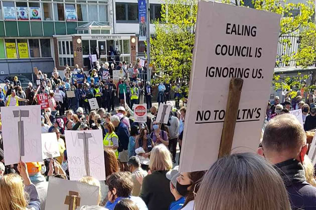 Protestors assemble on Uxbridge Road