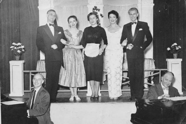 Maria Wierzbicka centre appearing on stage at The Polish Hearth Club (Ognisko Polskie) in the 1950s.
