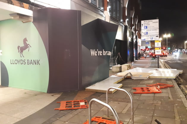 Hoardings ripped apart at the Lloyds Bank on The Broadway