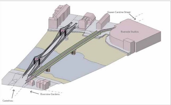 CGI of temporary bridge over Thames at Hammersmith