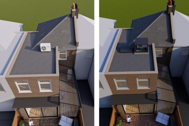 A visualisation from the planning application of the air-con unit with and without acoustic covering 