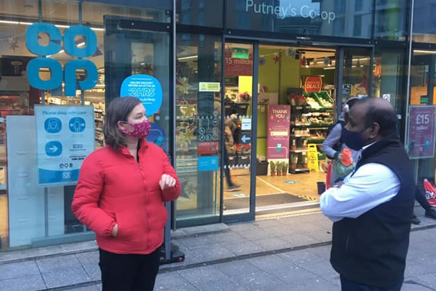 Fleur Anderson MP (left) with staff from the Co-op in Putney 