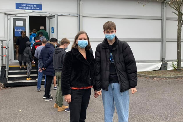 Fleur Anderson and her son at the vaccination centre at Queen Mary's hospital 