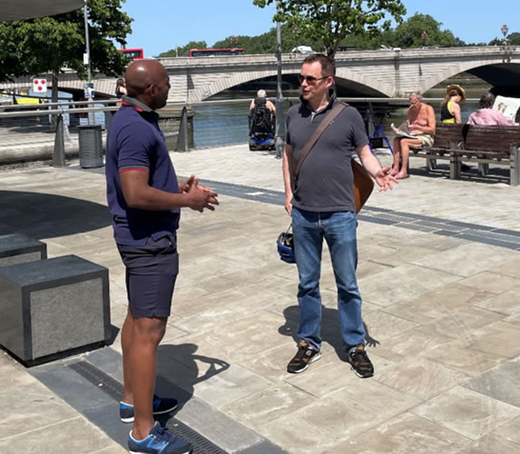 Councillor John Locker and local resident Charley on the newly repaved Putney Wharf