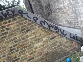 Graffiti damage at St Nicholas church in Tooting 