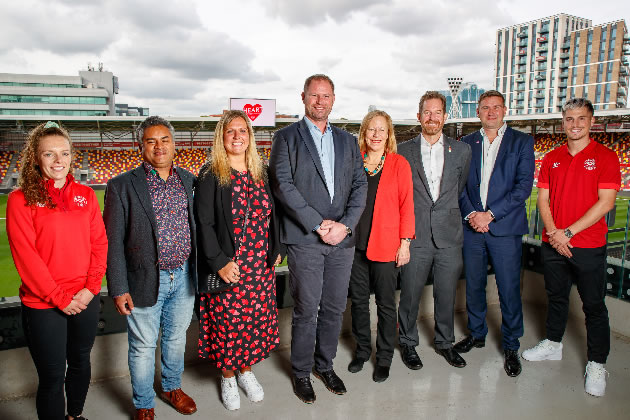 Left to right - Emily Donovan from Brentford FC Community Sports Trust, Nity Raj, General Counsel for Brentford FC, Suzanne Rowan - the widow of Robert Rowan, James Cant, Chief Executive The Resuscitation Council, Dr Steve Cox, CEO of Cardiac Risk in the Young (CRY), Richard Bowyer, Chief Executive of Royal Brompton and Harefield Hospitals Charity and Sergi Canos, who plays for Brentford FC