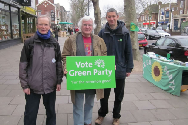 Dave Wetzel (centre) campaigning for the Greens on Chiswick High Road