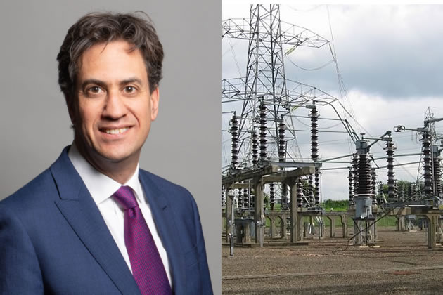 Left: Ed Miliband. Right: An electricity sub-station