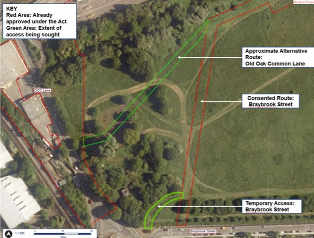 The two proposed access routes through Wormwood Scrubs - outlined in green. Image is a screengrab from a Hammersmith and Fulham Council report