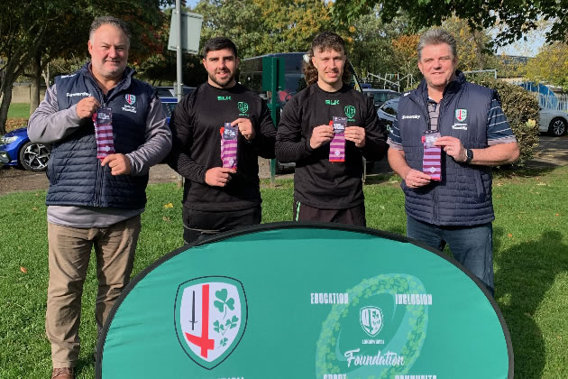 L to R Wayne Wedgbury, from London Irish Foundation, players Matt Cornish and Kyle Rowe, and Andy Keast from London Irish Foundation