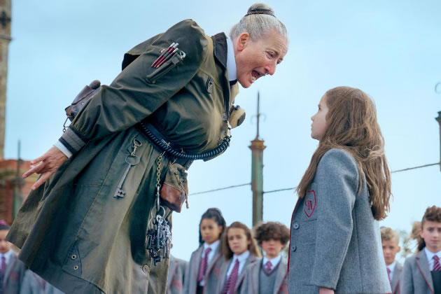 Emma Thompson as Agatha Trunchbull, alongside Alisha Weir as Matilda