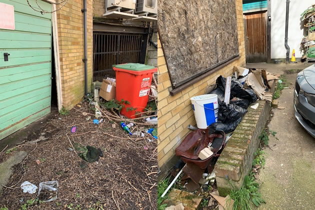 Rubbish pliled up outside disused units and garages is covered with rat dropping