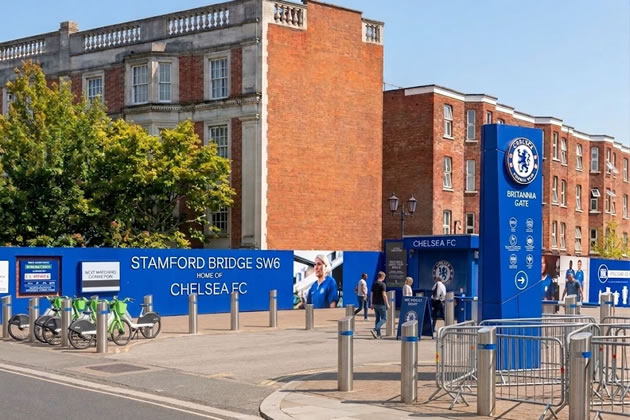 Lime bikes parked outside the entrance to Stamford Bridge.
