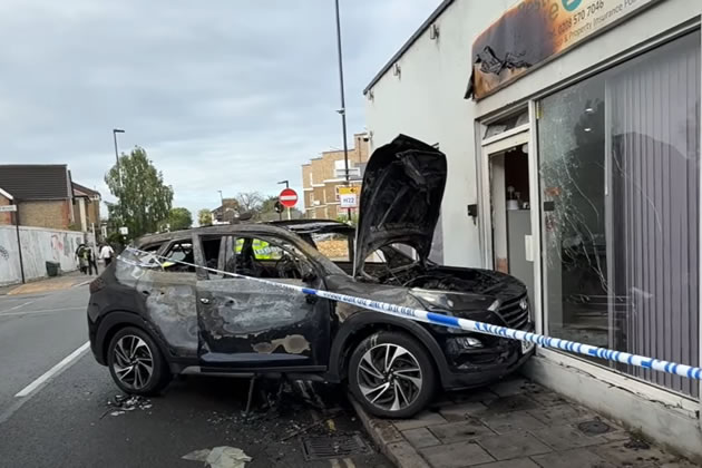 The burnt out car the following morning