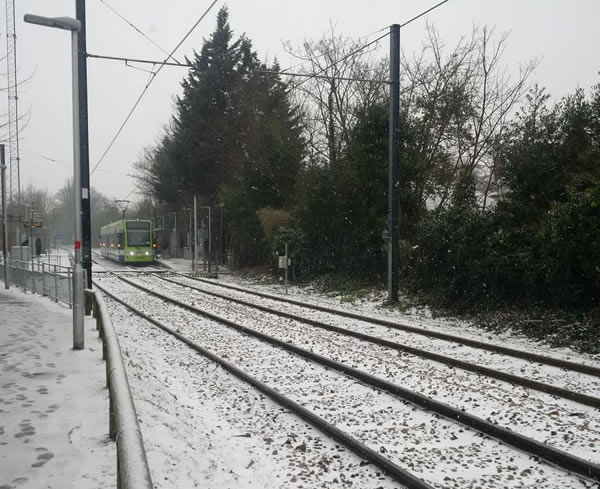 Wimbledon tram in the snow